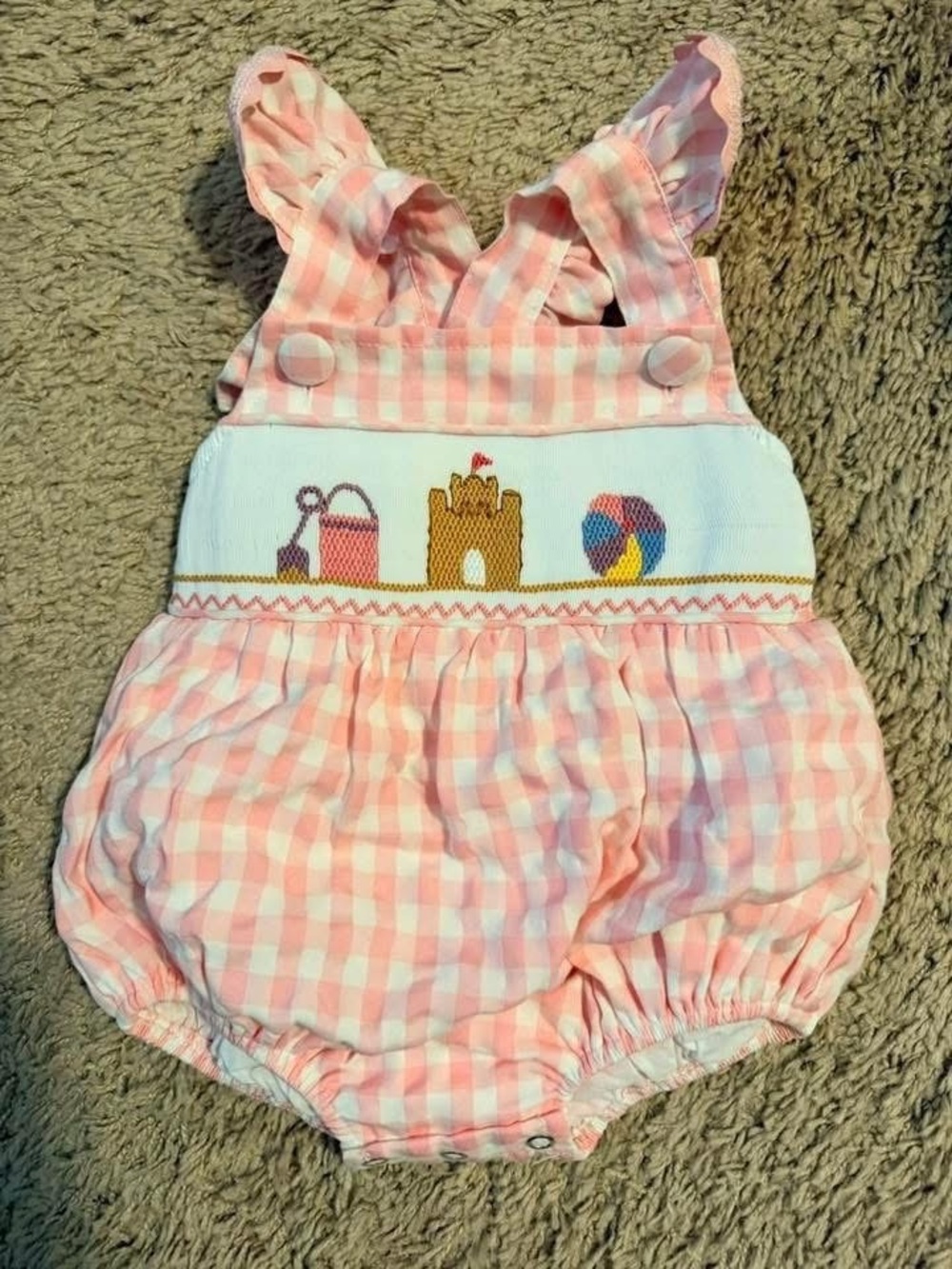 Stitchy Fish Pink Gingham Baby Bubble Romper with Beach Smock Embroidery